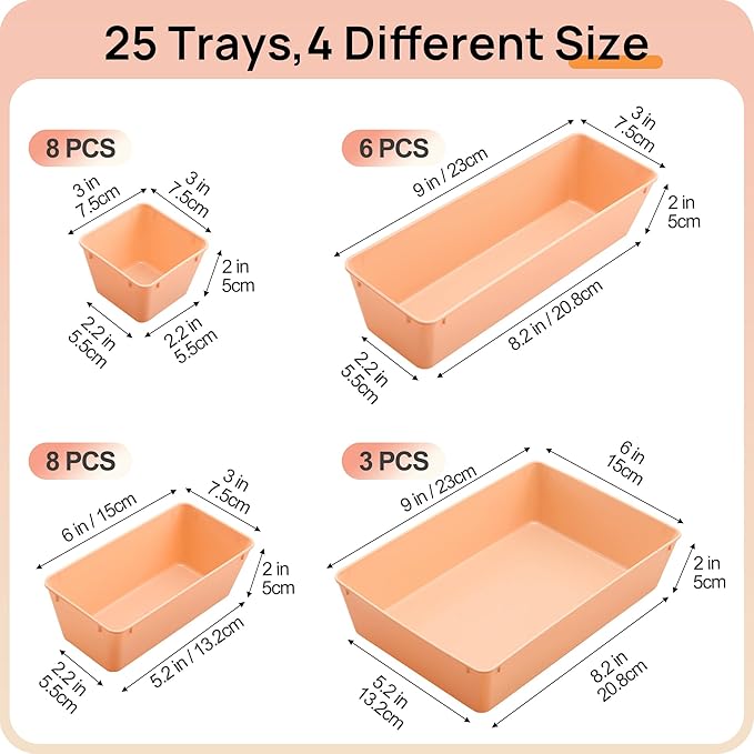 Vtopmart 25 PCS Plastic Drawer Organizers Set, 4-Size Versatile Bathroom and Vanity Drawer Organizer Trays, Storage Bins for 