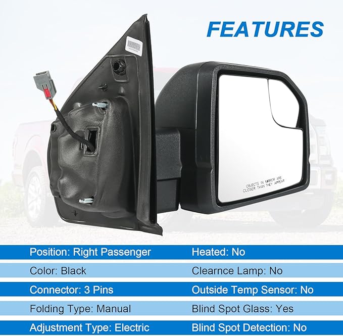 JDMSPEED Right Passenger Side View Mirror Compatible with 2015-2020 Ford F150 with Blind Spot Glass Power Black Without Turn 