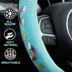Embroidered Rainbow Cute Blue Steering Wheel Cover, Auto Anti-Slip Breathable Steering Wheel Protector,Rainbow Car Accessories for Women,Universal Size Fit Most Cars -15 inch