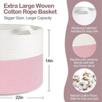 MEGASKET Pink Storage Baskets for Organizing, 22"X22"X14" XXXL Blanket Basket Living Room, Large Toy Basket, Soft Pink Cotton