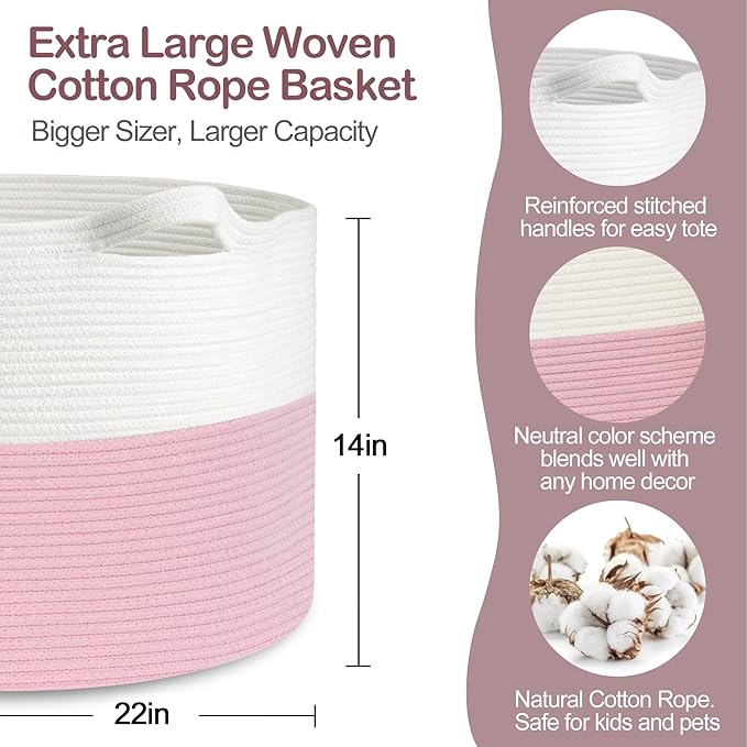 MEGASKET Pink Storage Baskets for Organizing, 22"X22"X14" XXXL Blanket Basket Living Room, Large Toy Basket, Soft Pink Cotton