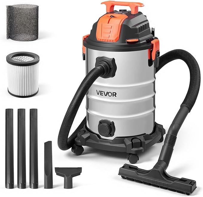 VEVOR Shop Vac, 8 Gallon Wet Dry Shop Vacuum, 6 Peak HP with One-Button Self-Cleaning, Dual-Filter, 900W Input Power, 1.25in 