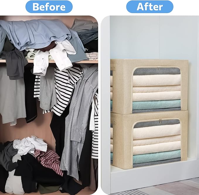 CYhom Extra Large Clothes Storage Bins - Linen Fabric Foldable Stackable Container Organizer Set with Clear Window & Carry Ha