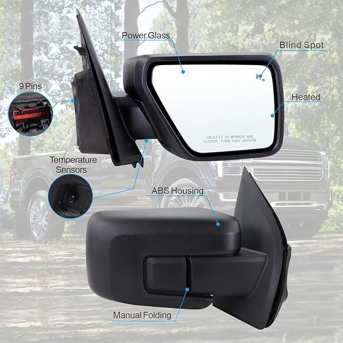 Right Passenger Side Door Mirror Compatible With 2021-2026 Ford F150 With Power Glass Manual Folding Heated Blind Spot Temperature Sensors Matte Black Replace#ML3Z17682VA (9 Pins)