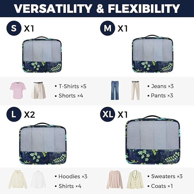 BAGAIL 9 Set Packing Cubes with Packing List Luggage Packing Organizers for Travel Accessories (Navy leaf)