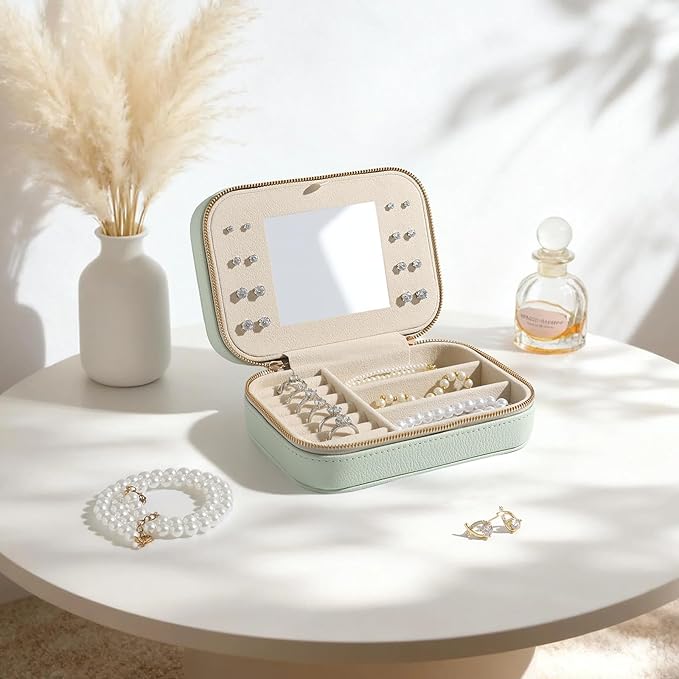 Genuine Leather Travel Jewelry Organizer Case with Mirror for Women, Small Mini Portable Jewelry Box for Ring Earrings Neckla