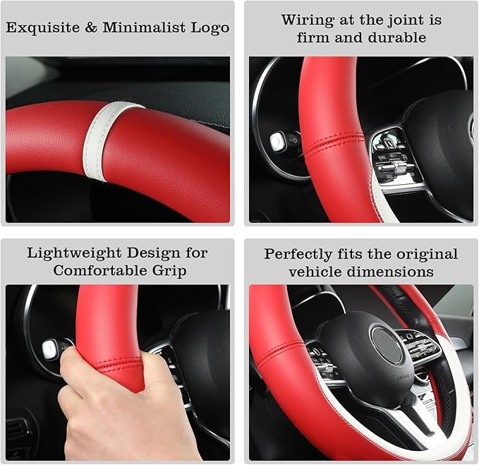 Car Leather Steering Wheel Cover - Panapi Material, Universal 14.5-15 Inch Leather Anti-Slip Breathable Auto Steering Wheel C