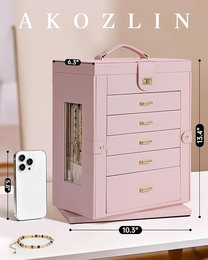 AKOZLIN 360° Rotating Jewelry Box 6-Tier Organizer Functional Jewelry Storage Case for Women Girls Ring Necklace Earring Brac