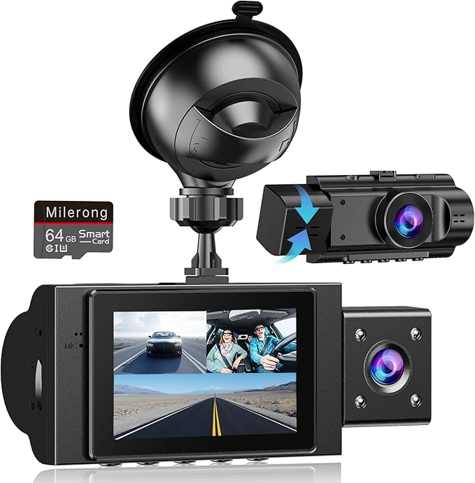 Dual Dash Cam Front and Inside, FHD 1080P Dashcam with 64GB Card, DashCamera for Cars with Night Vision, 24H Parking Monitor,