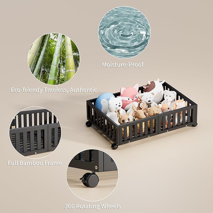 Bamboo Under Bed Storage with Wheels,Rolling Underbed Shoe Organizer Box for Shoes,Blankets,Toys,Clothes Container Space-Savi