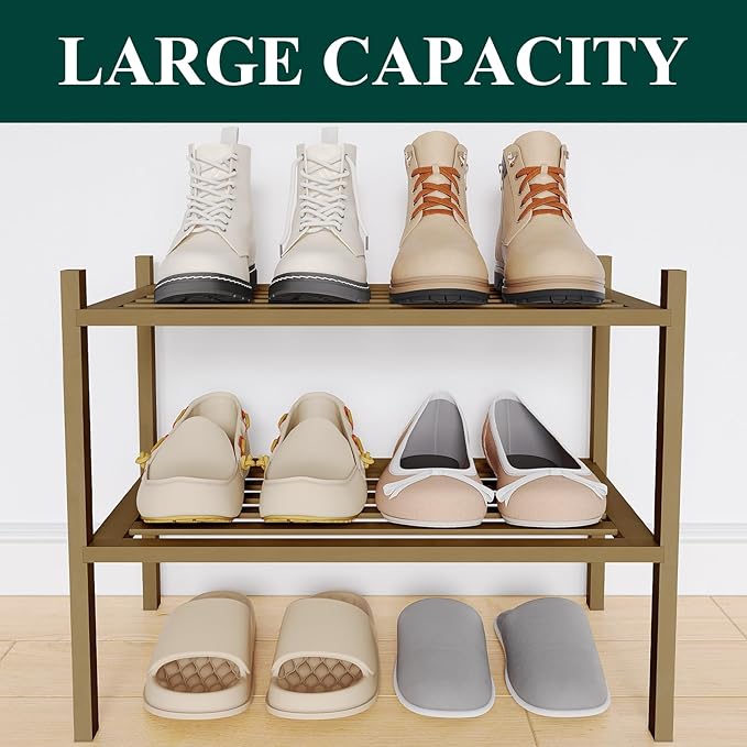 Smiry Small Bamboo Shoe Rack 2-Tier, Stackable Wooden Shoe Organizer for Entryway & Closet, Free Standing Wood Shoe Storage S
