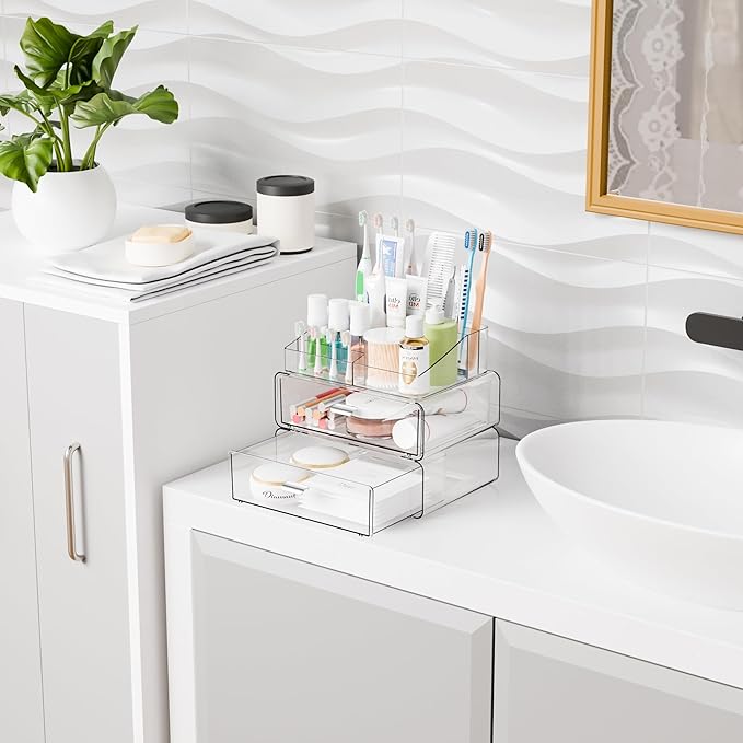 Yieach 3 Tier Clear Acrylic Makeup Organizers with Drawers,Tiered Countertop Make up Storage Organizer for Dresser Top and Ba