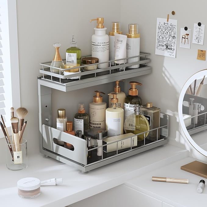 Under Sink Organizer Upgrade To Professional Rails,2-Tier Dual Pull Out Cabinet Storage,Height Adjustable Slide Out Drawers F