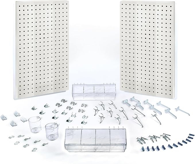 Azar Displays, 900945-WHT, 70 Piece Pegboard Organizer, Wall Mount Peg Board Combination Panel Kit for Bedroom, Craft Room, S