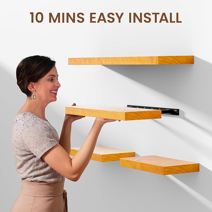 Pine Floating Wall Shelves 24 Inches Long x 8”x 1.4” Wooden Shelf Floating Rustic Farmhouse Decor, Heavy Duty Shelf Hold 60 l