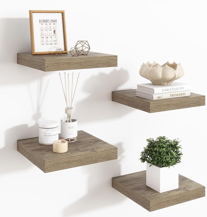 Fun Memories Floating Shelves for Wall - 7.5 Inch Square Shelves with Invisible Brackets, Grey Small Wall Shelf for Living Ro