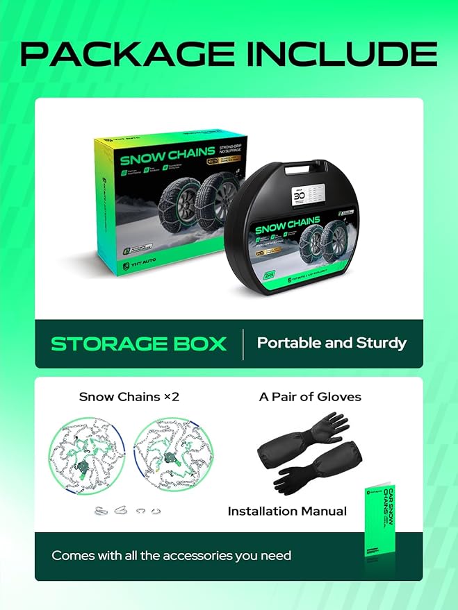 YHTAUTO Set of 2 Snow Chains 12mm for Pickup Truck SUV Passenger Car Universal Fit Tire Chains Auto-Tightening Quick Installa