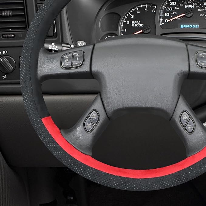 MEWANT Hand Stitched Steering Wheel Cover for Chevy Silverado 1500 2003-2006 Black Red Athsuede Steering Wheel Wrap