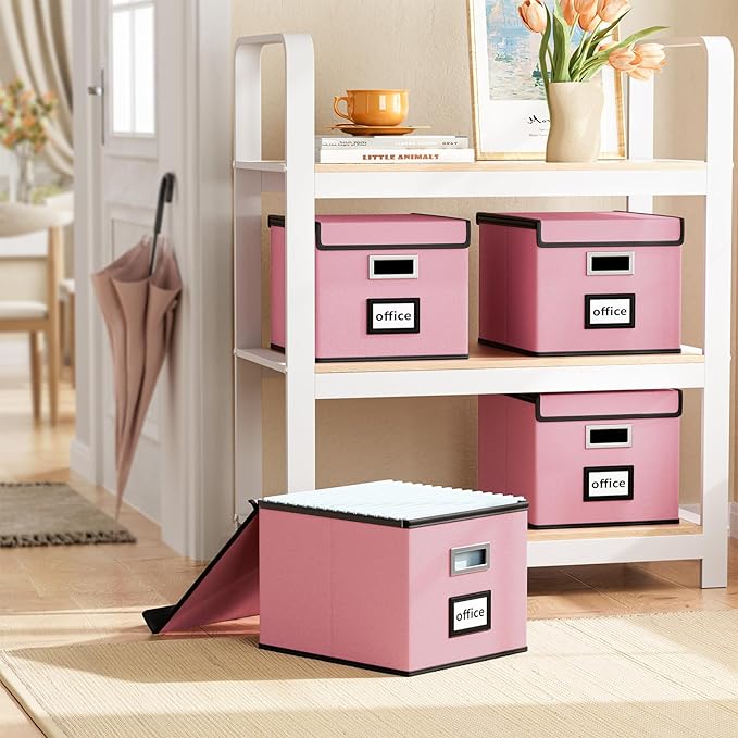 Huolewa Collapsible File Storage Organizer Boxes with Lids, Linen Document Storage, Universal Hanging Filing Organization Box