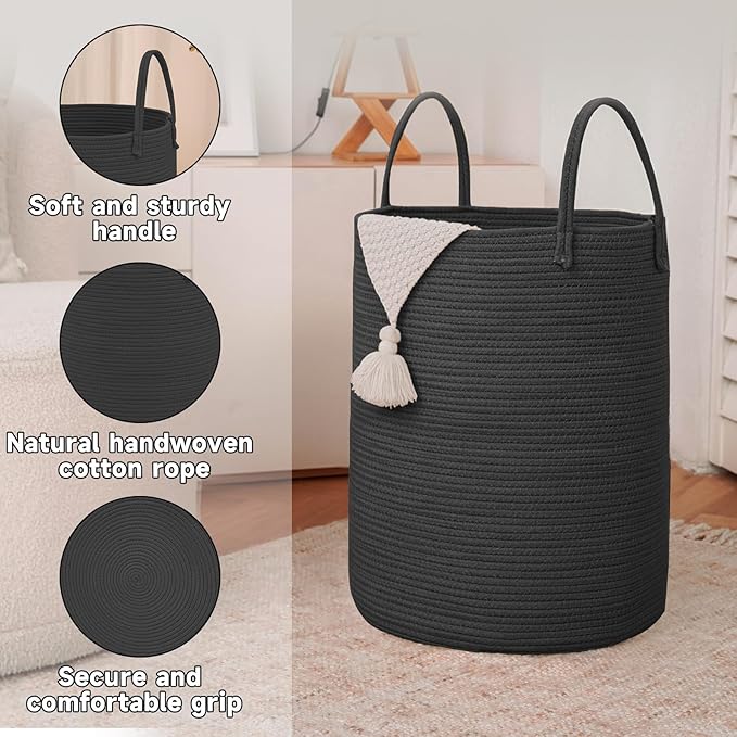 JMvicyroam Large Woven Laundry Basket Hamper,60L Cotton Rope Storage Bin for Blankets,Toys and Clothes,Decorative Tall Nurser