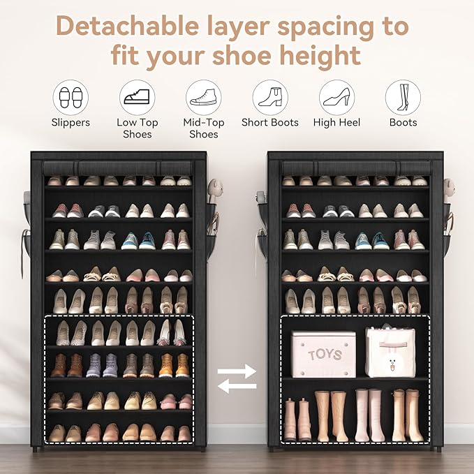 LANTEFUL Shoe Rack with Covers - 10 Tiers Tall Shoe Rack Organizer Large Capacity Shoe Shelf Storage 40 Pairs Space Saving Ve