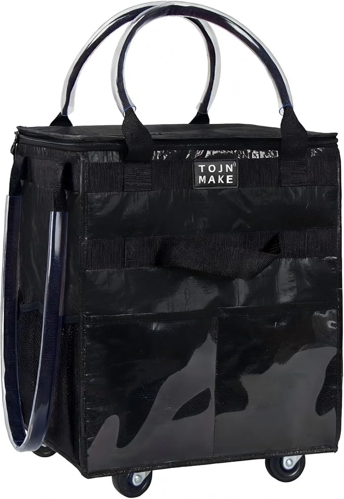 Reusable Grocery Bag On Wheels Shopping Trolley with 8 Pockets and Zipper Cover Foldable Rolling Tote, Heavy Duty Handles, Carries Up to 22 LBS (Small, Black)