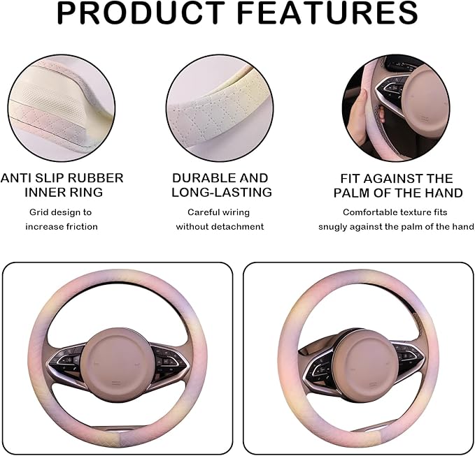 Leather Steering Wheel Cover, Colorful Cute Pink Purple Steering Wheel Cover Non-Slip Breathable Fabric Absorbing Sweat Unive
