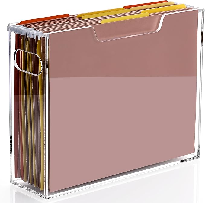 DINGHUO Acrylic File Organizer Box Letter Size Hanging File Organizer, Clear Portable File Folder Box with Handle, Filing Cra