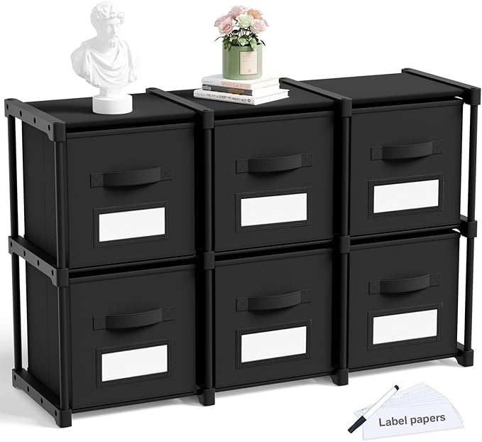 Geelin 6 Cube Storage Organizer with Fabric Bins and Labels 11 Inch, Fabric Collapsible Cubby Clothes Storage Drawer Dresser 