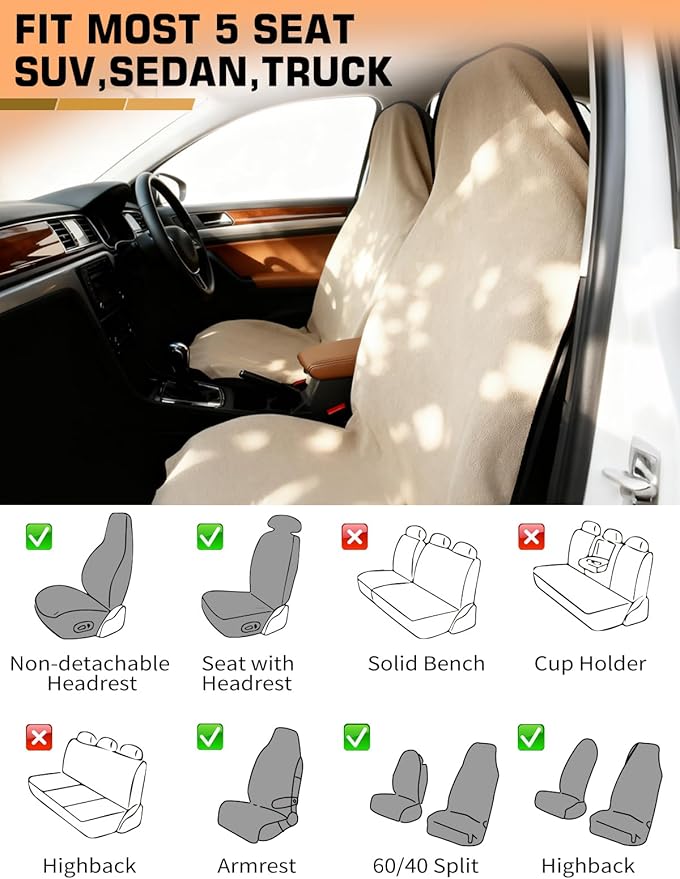 Universal Car Seat Cover Towel, Waterproof Washable Sweat Protection for Front Bucket Seats, Non-Slip Fit, Fits Cars SUVs Tru