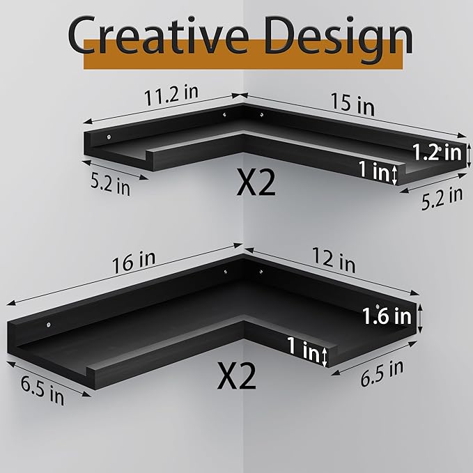 4-Tier Black Corner Floating Shelves Wall Mounted - Floating Shelves with Lip, Solid Pine Wooden Corner Wall Shelf for Wall D