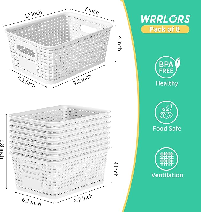 8-Pack White Plastic Storage Baskets with Lids, Label Organizers, Stackable Organizer Containers: For Organizing Shelves, Dra