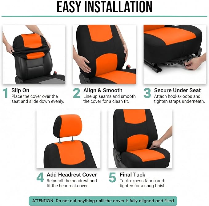 FH Group Bright Flat Cloth Full Set Automotive Seat Covers Front Set and Rear Solid Bench Orange Black Seat Covers w. Gift Un