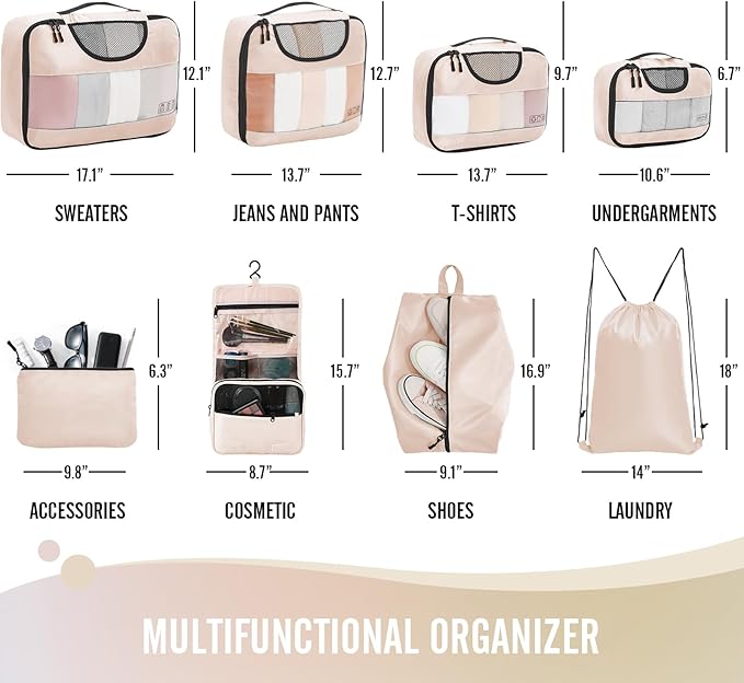 8 Set Packing Cubes for Luggage,Suitcase Organizer in 4 Sizes with Hanging Toiletry Bag and Large Laundry Bag, Carry-On Lugga