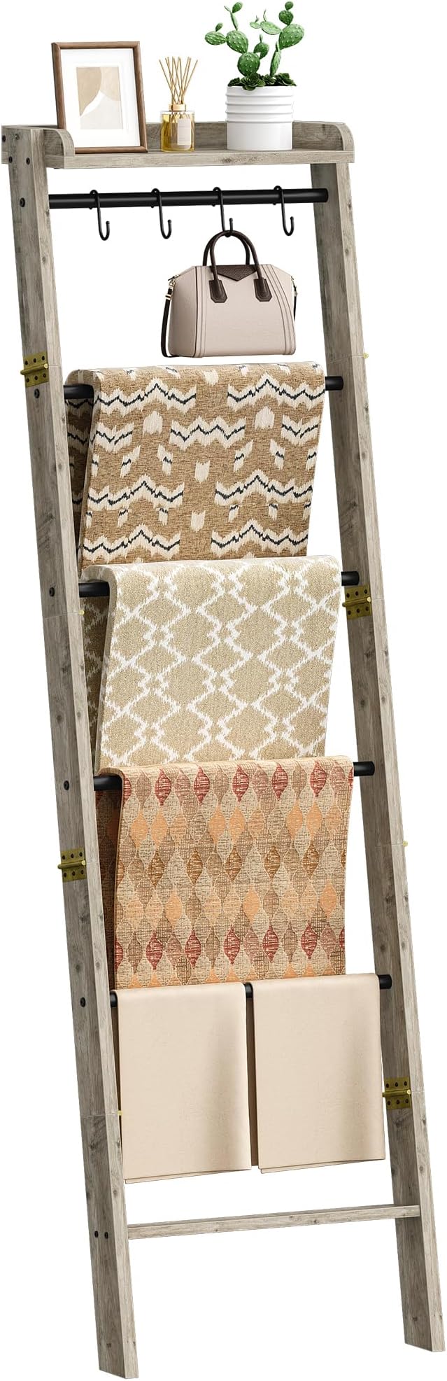 Hzuaneri Blanket Ladder Shelf, Decorative Quilt Rack, 7-Tier Farmhouse Ladder Holder Organizer with 4 Removable Hooks 7.9" D 