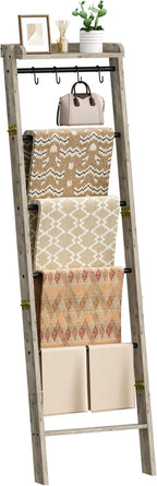 Hzuaneri Blanket Ladder Shelf, Decorative Quilt Rack, 7-Tier Farmhouse Ladder Holder Organizer with 4 Removable Hooks 7.9" D 