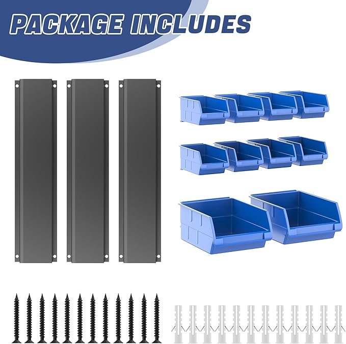 WALMANN Wall Mounted Storage Bins for Small Parts, 10 Bins with 3 Metal Rails, Plastic Wall Bins for Screws, Bolts, Nuts, Cra