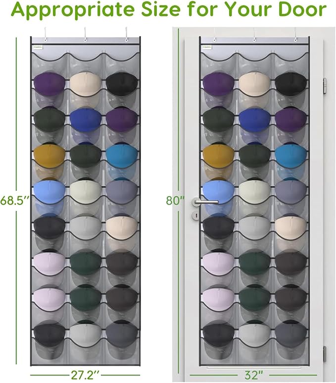 Unjumbly Baseball Hat Rack, 27 Pocket Over-The-Door Hat Organizer with Clear Deep Pockets to Display Baseball Caps Collection