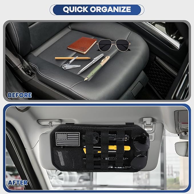 Denchy Molle Car Sun Visor Organizer with Zipper Storage Pouch and Sunglasses Holder Clip, Tactical Sunvisor Organizers for Trucks, Universal Molle Panel Accessories for Truck SUV Police Car Gear