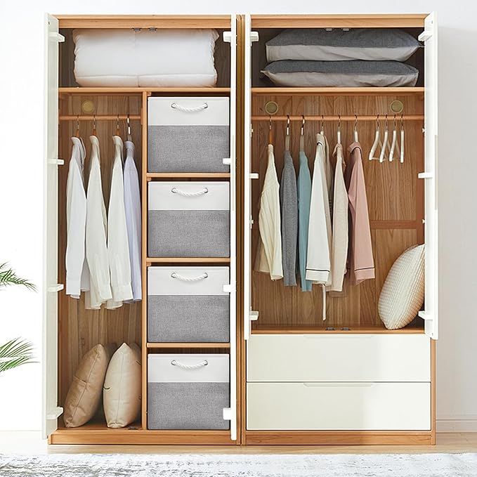 13x13 Storage Cube Bins 4Pack,Collapsible Cube Storage Organizer for Closet, Fabric Storage Box w/ Rope Handles, Foldable Sto