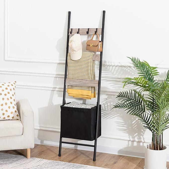 HOOBRO Blanket Ladder with Basket, 17.3”L x 63.4”H, Towel Rack with Hooks, Blanket Holder Rack, Decorative Ladder Shelf, Dryi