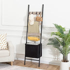 HOOBRO Blanket Ladder with Basket, 17.3”L x 63.4”H, Towel Rack with Hooks, Blanket Holder Rack, Decorative Ladder Shelf, Dryi