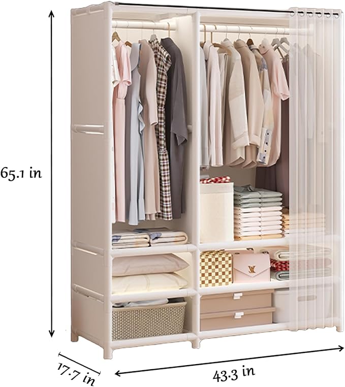 Portable Closet,Portable Closets for Hanging Clothes,Japanese Style Wardrobe with 2 Hanging Rods,6 Storage Shelves,43.3" L x 