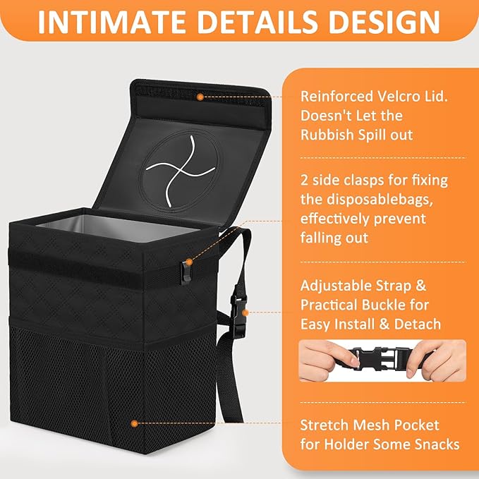 Car Trash Can for Cute, Bag Bin Hanging Waterproof Automotive Car Garbage Cans Leak Proof Vehicle Trash Can Diamond Pattern-Black