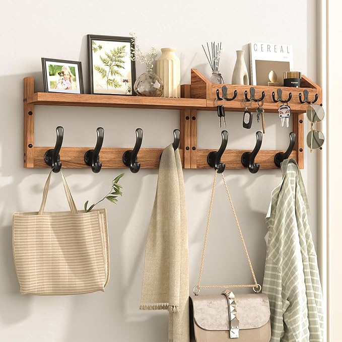 Evermagin 29" Coat Rack Wall Mount with Shelf, 4 in 1 Wall Mounted Coat and Key Hanger with 11 Hooks, Entryway Key Holder wit