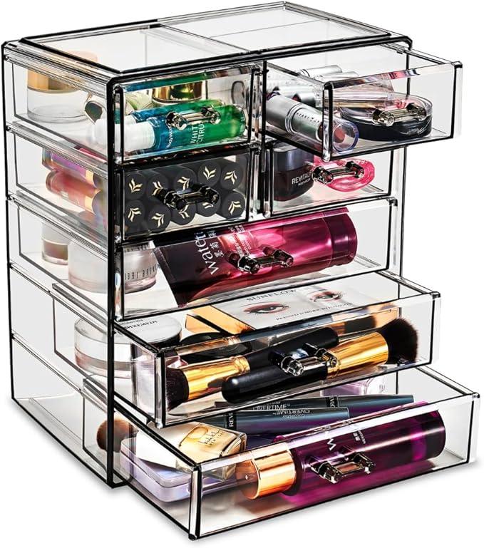 Sorbus Acrylic Makeup Organizer Set, 7-Drawer Vanity & Countertop Cosmetic Storage with Small & Wide Drawers, Black Jewel Mak