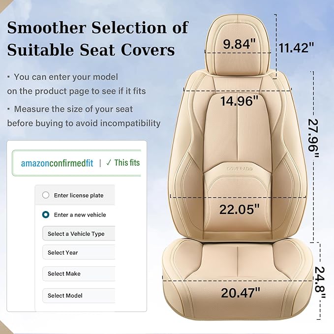 Coverado Car Seat Covers Full Set, Premium Nappa Leather Seat Covers for Car, Waterproof Car Seat Protector with Lumbar Suppo