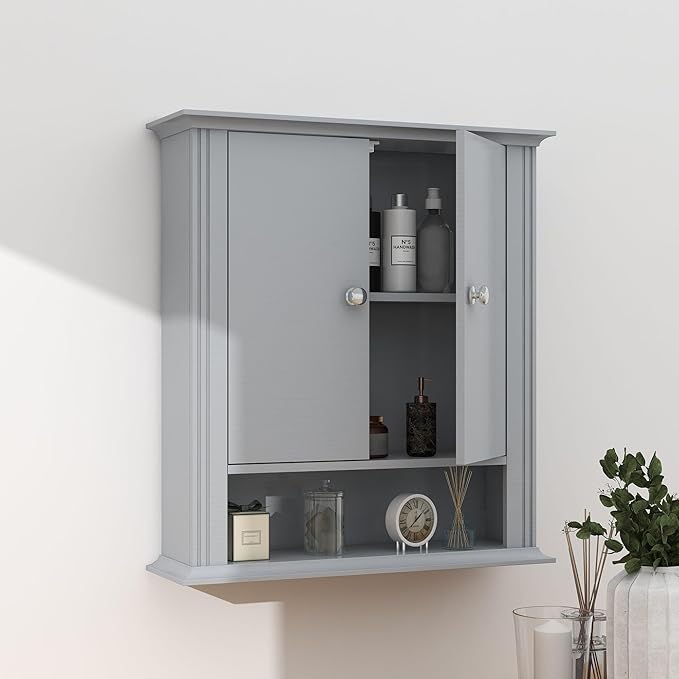 Wall Mounted Bathroom Cabinet Wooden Storage Cabinet with 2 Doors & Adjustable Shelf, Hanging Wall Cabinet Over Toilet, Upper