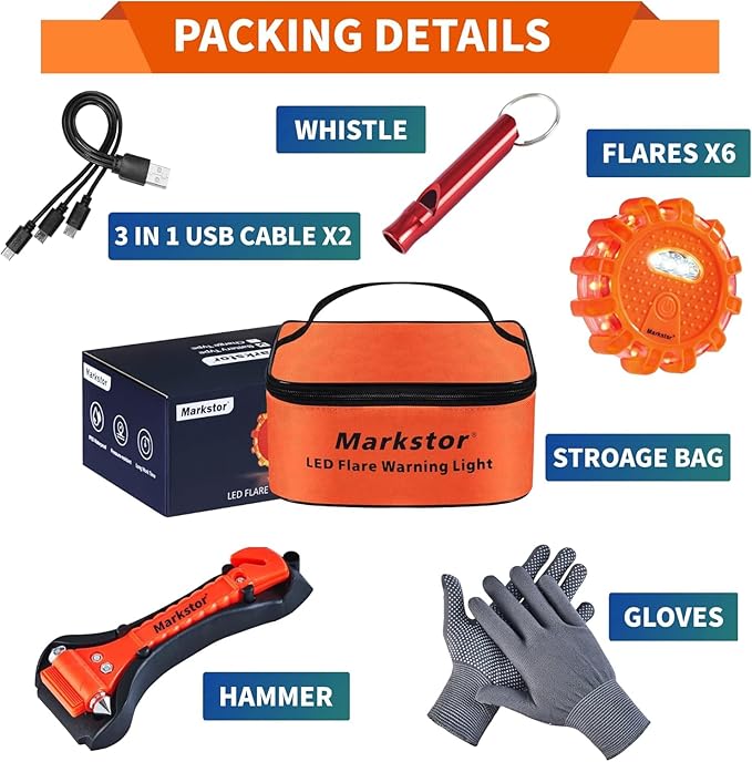 Led Road Flares 6 Pack LED Flares Emergency Kit, USB Recharge Amber LED Flares Warning Light with Magnetic, Roadside Safety D