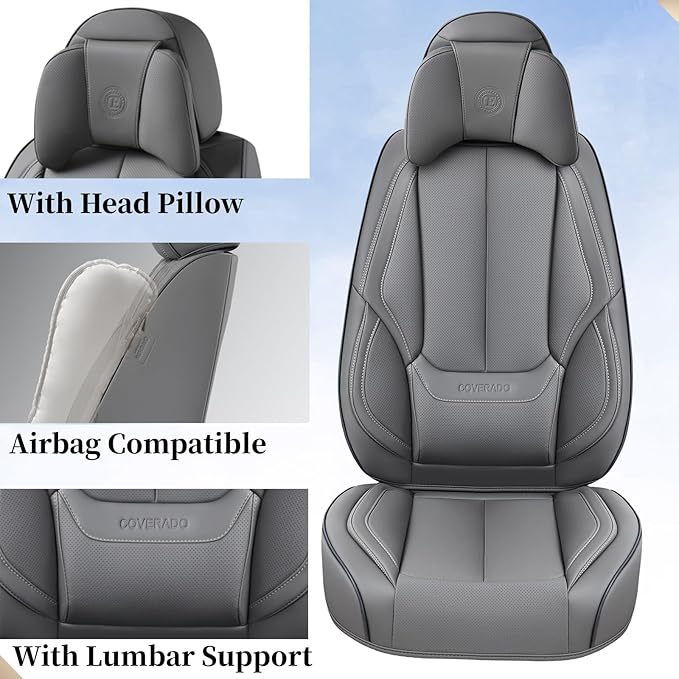 Coverado Universal Seat Covers Front, 2-Pack Universal Seat Covers for Cars, Waterproof Nappa Leather Car Seat Covers with He